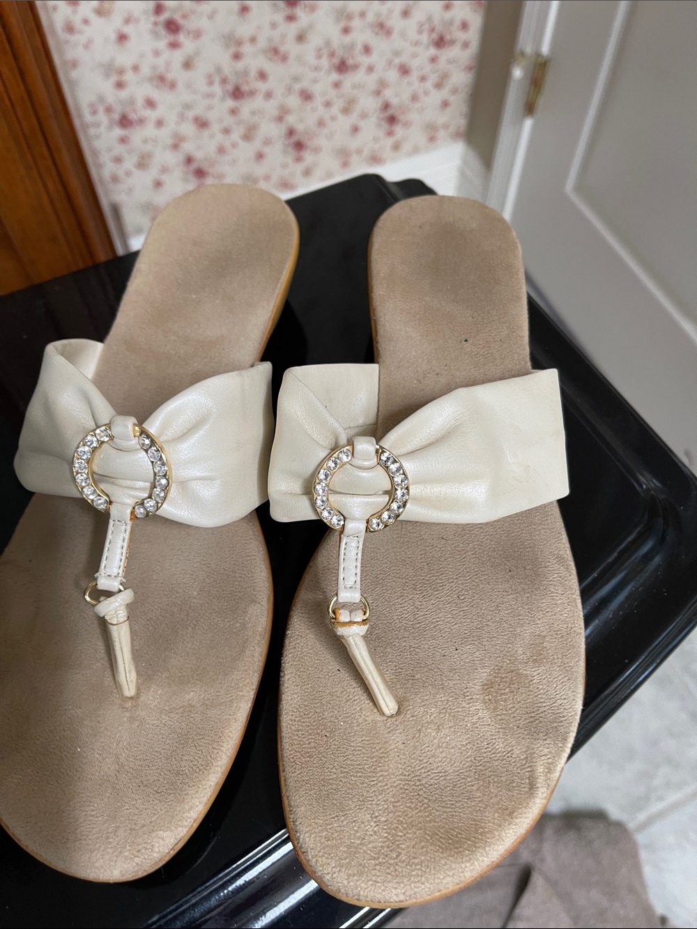 White Mountain Ivory Jeweled T-Strap Slide Sandals